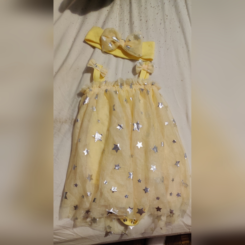 Baby Starters Yellow Tulle Star Dress With Matching Yellow Bow 9 Months